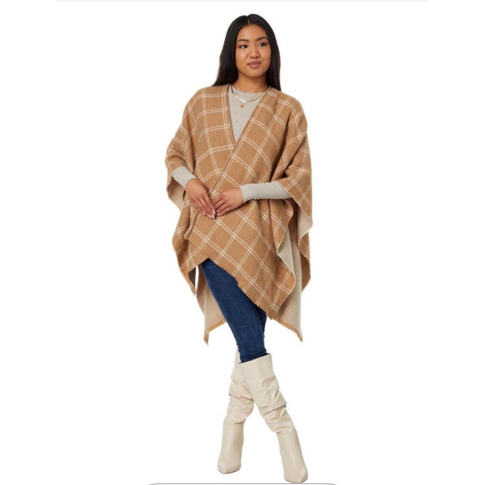 Lauren Ralph Lauren Windowpane Plaid Herringbone Poncho Wrap Sweater OS